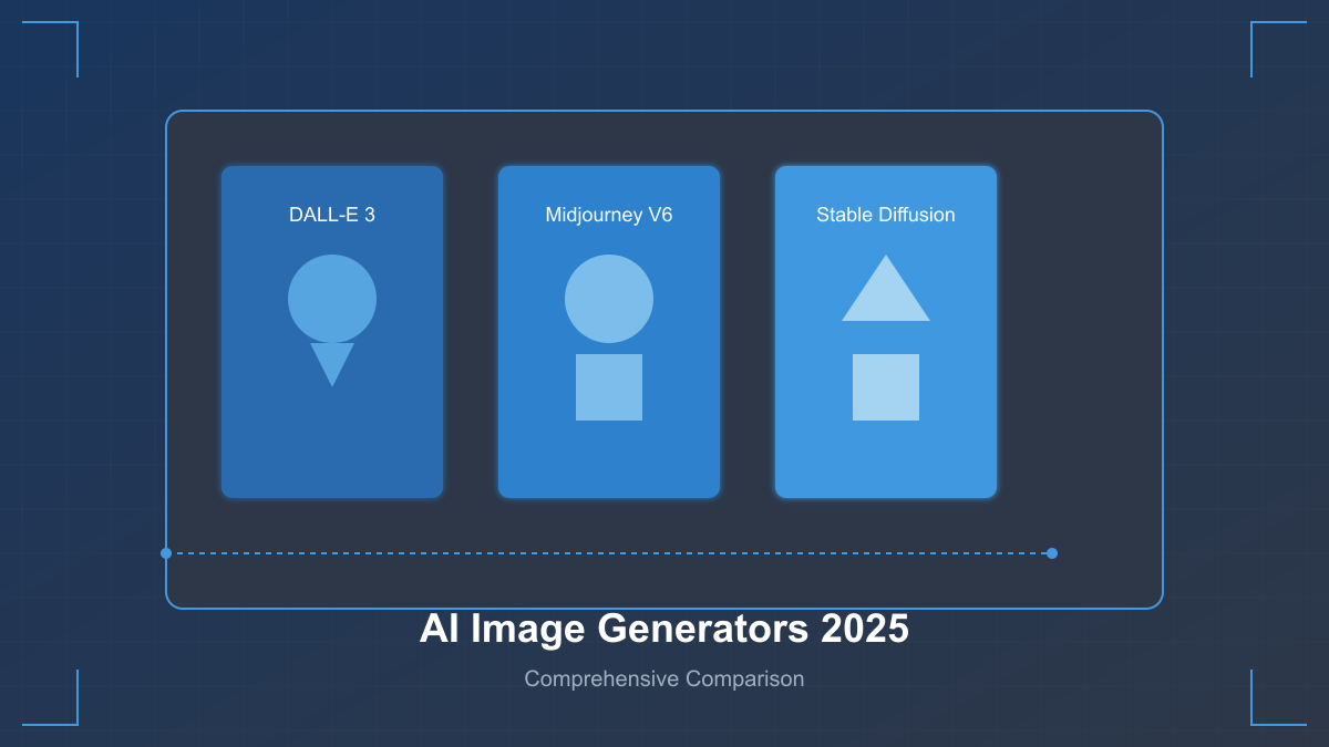 Top AI Image Generators 2025 Comparison: DALL-E 3, Midjourney V6, and Stable Diffusion feature comparison with modern blue gradient design